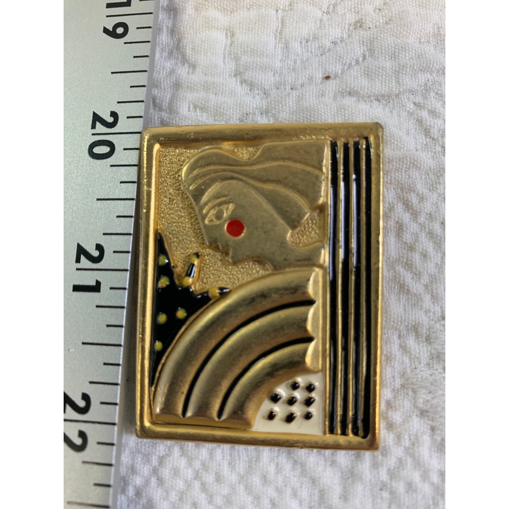 AJC Vintage 80s Art Deco Gold Tone Enamel Woman Face Brooch Pin Rectangle